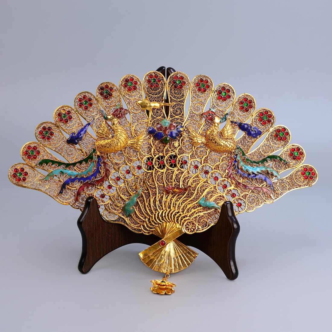 A Exquisite Cloisonne Gilt Phoenix Pattern Fan (1 of 9)