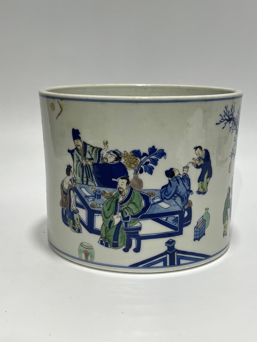 A Exquisite Blue and White Wucai Figures Pattern Brush Pot (1 of 10)
