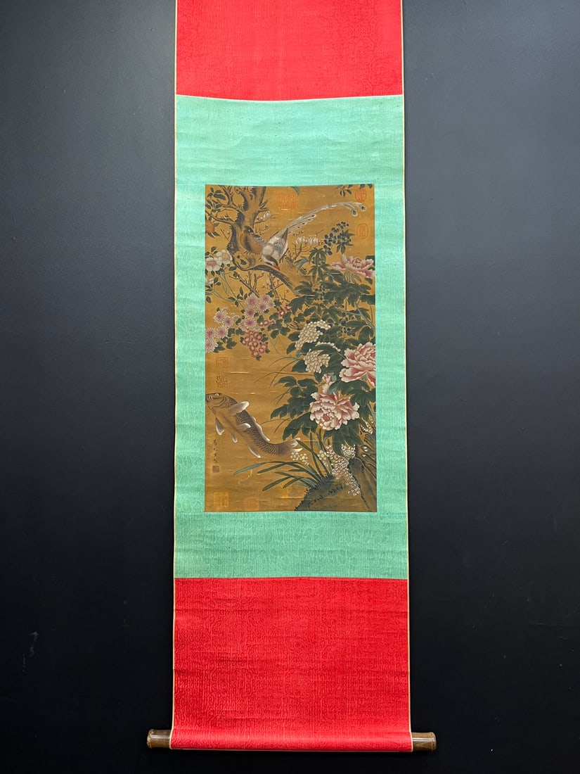 A Chinese Vertical Scroll Ink Painting of Flower and Bird on Silk (1 of 9)