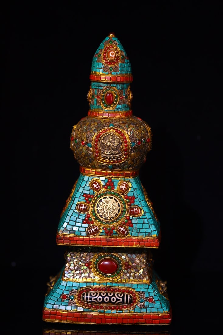 A Exquisite Meteorite Cloisonne Dzi Bead-Inlaid Pagoda: A Exquisite Meteorite Cloisonne Dzi Bead-Inlaid Pagoda,Qing Dynasty, China,Size:13inx5.5in,Weight:5800g 