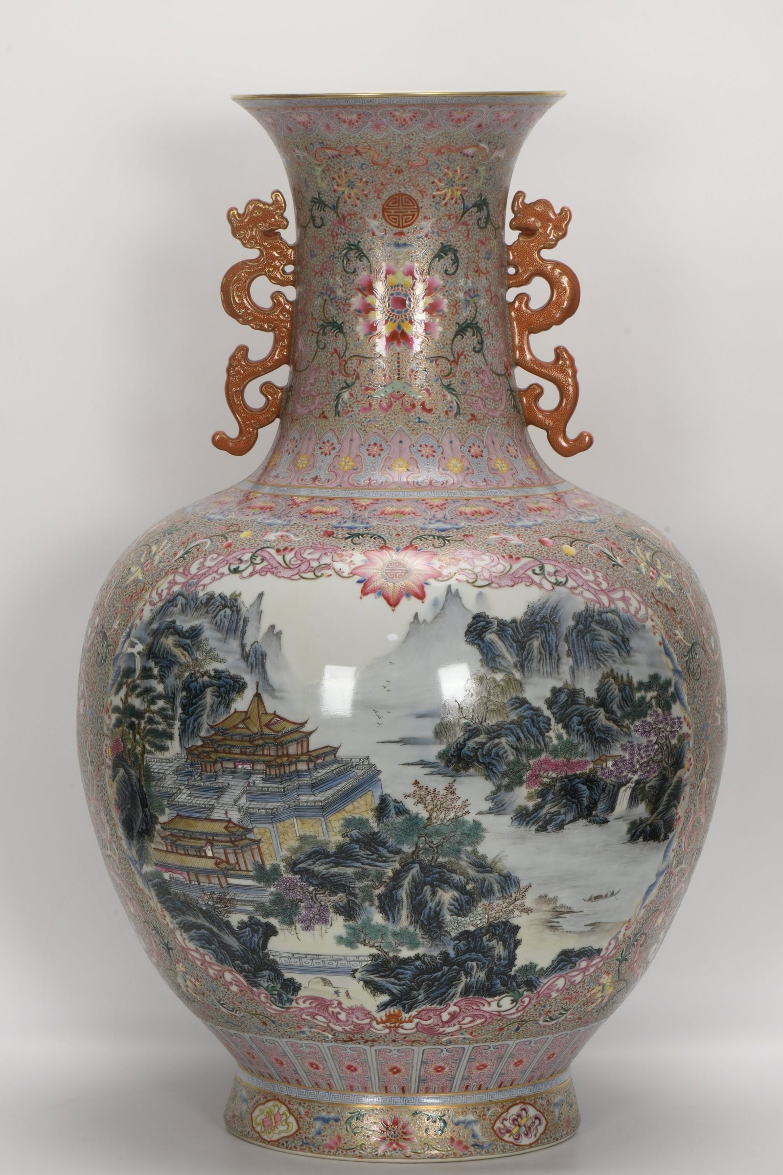 A Exquisite Famille-Rose Landscape-Pattern Double-Ears Vase: A Exquisite Famille-Rose Landscape-Pattern Double-Ears Vase,Qing Dynasty, China,Qianlong Six-character Mark,Size:27.6inx9.1inx17.5inx9.8in 