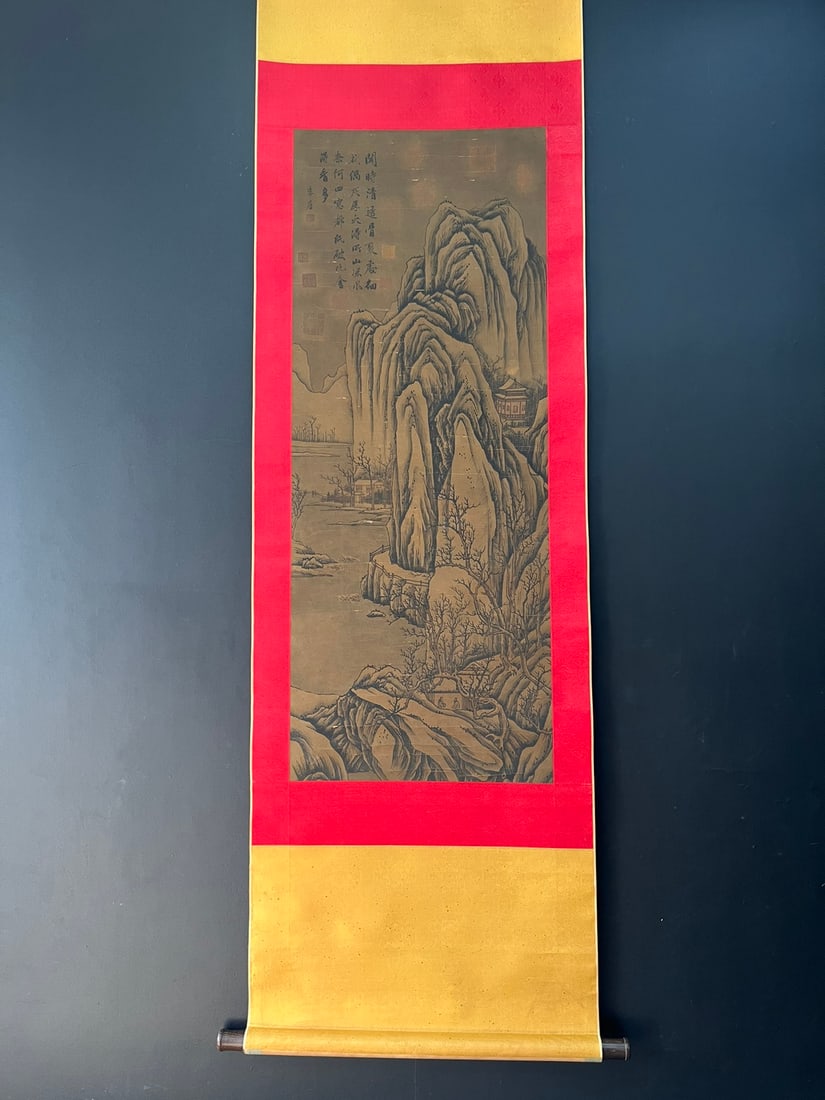 A Chinese Vertical Scroll Ink Painting of Landscape on Silk (1 of 9)