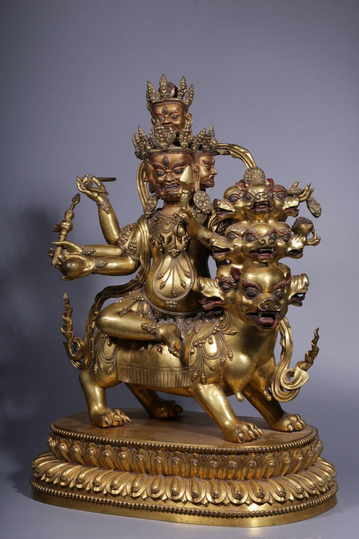 A Solemn Gilt Bronze Six-arms Statue of Mahakala: A Solemn Gilt Bronze Six-arms Statue of Mahakala,Ming Dynasty, China,Yongle Six-character Mark,Size:15.7inx11inx21.3in,Weight:22500g 