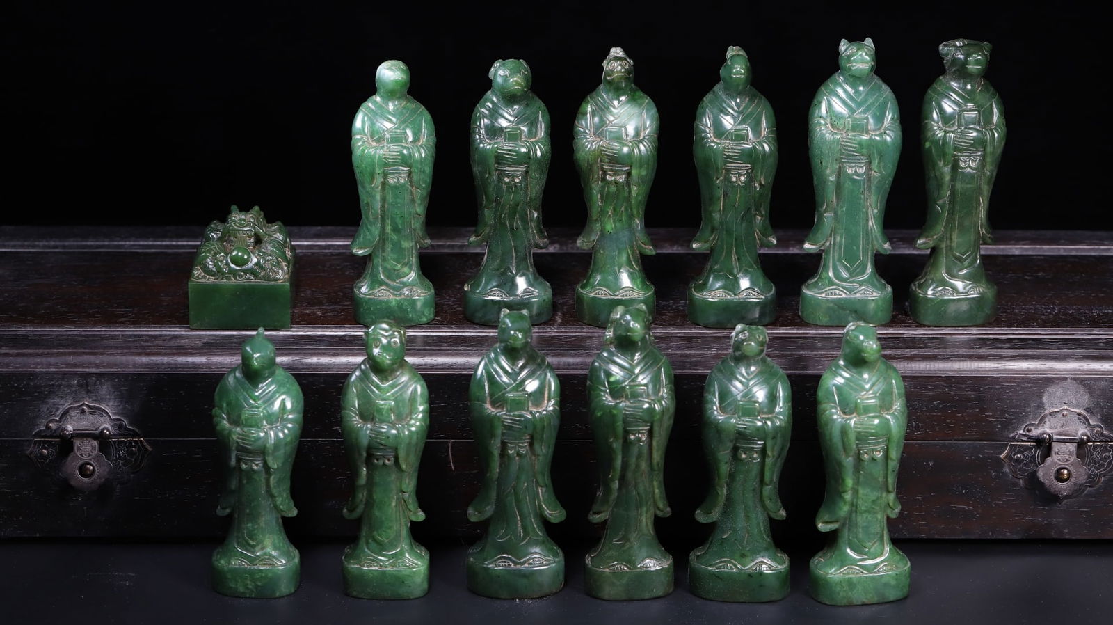 A Set of Exquisite Hetian Jasper Chinese Zodiac Seal: A Set of Exquisite Hetian Jasper Chinese Zodiac Seal,Qing Dynasty,China,Size:4.6inx1.5inx1.1in,1.7inx1.8in 