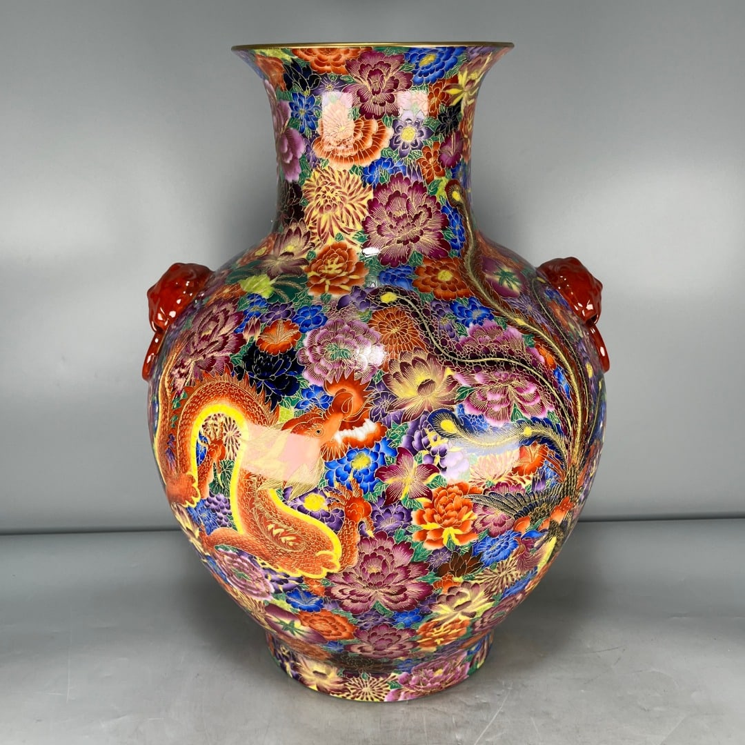 A Exquisite Enamel Cloisonne Thousand Flower and Dragon and Phoenix Pattern Double-Ears Vase: A Exquisite Enamel Cloisonne Thousand Flower and Dragon and Phoenix Pattern Double-Ears Vase,Qing Dynasty, China,Qianlong Six-character Mark,Size:20.2inx8.3inx8.1in 珐琅彩掐