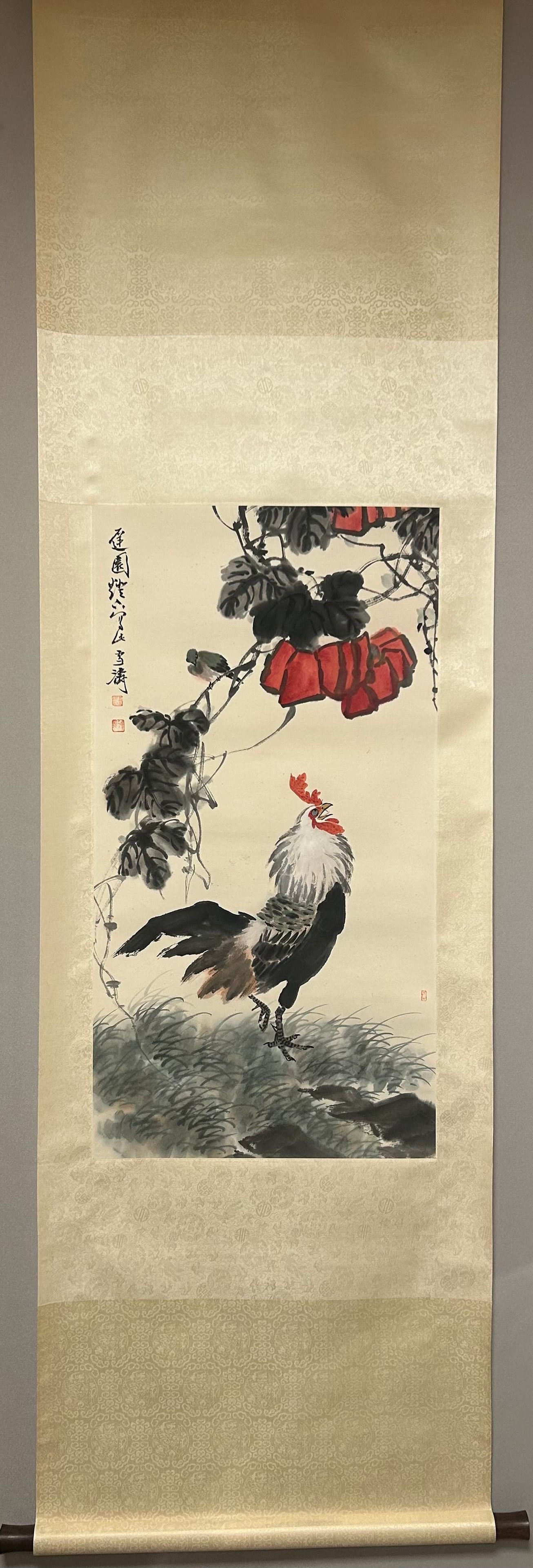 A Chinese Ink Painting of Flowers and Birds on Paper, Vertical Scroll: A Chinese Ink Painting of Flowers and Birds on Paper, Vertical Scroll,Modern and Contemporary Period, China,Wang Xuetao,Size:39.4inx19.7in 