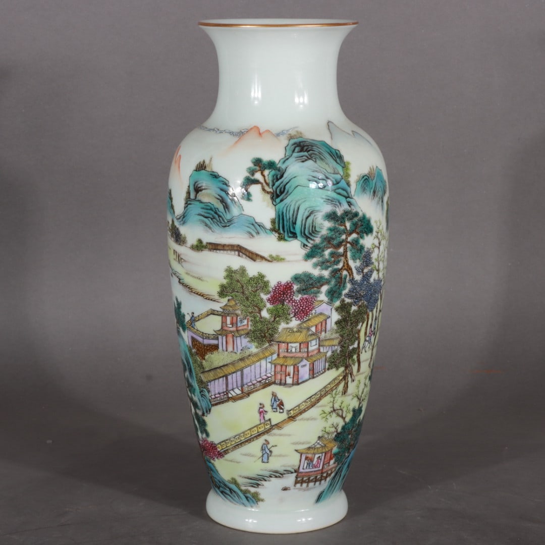 A Exquisite Famille-Rose Landscape and Figure Story Pattern Vase: A Exquisite Famille-Rose Landscape and Figure Story Pattern Vase,Qing Dynasty, China,Qianlong Six-character Mark,Size:10.6inx3.3inx3.1in 