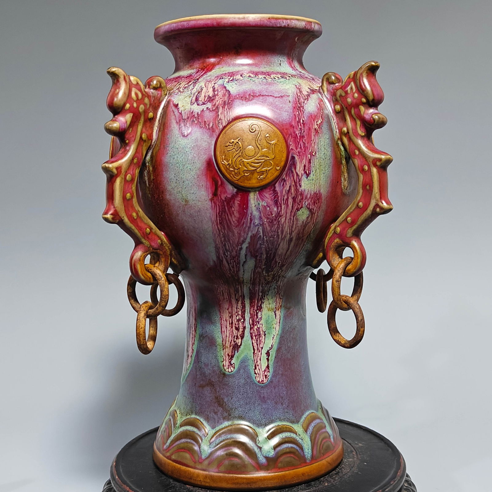 A Exquisite Jun yao Porcelain Flambe Glazed Four Auspicious Beast Pattern Vase: A Exquisite Jun yao Porcelain Flambe Glazed Four Auspicious Beast Pattern Vase,Song Dynasty, China,With Mark,Size:12.6inx7.3in 