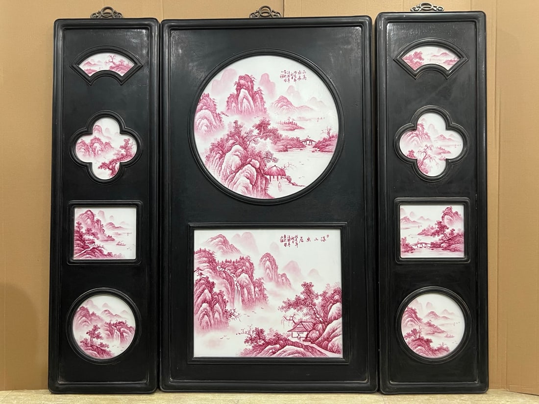 A Set of Exquisite Gem Red Glaze Landscape Pattern Hanging Screen: A Set of Exquisite Gem Red Glaze Landscape Pattern Hanging Screen,Modern Time of China,Size:42.9inx12.2inx24.4inx12.2in 