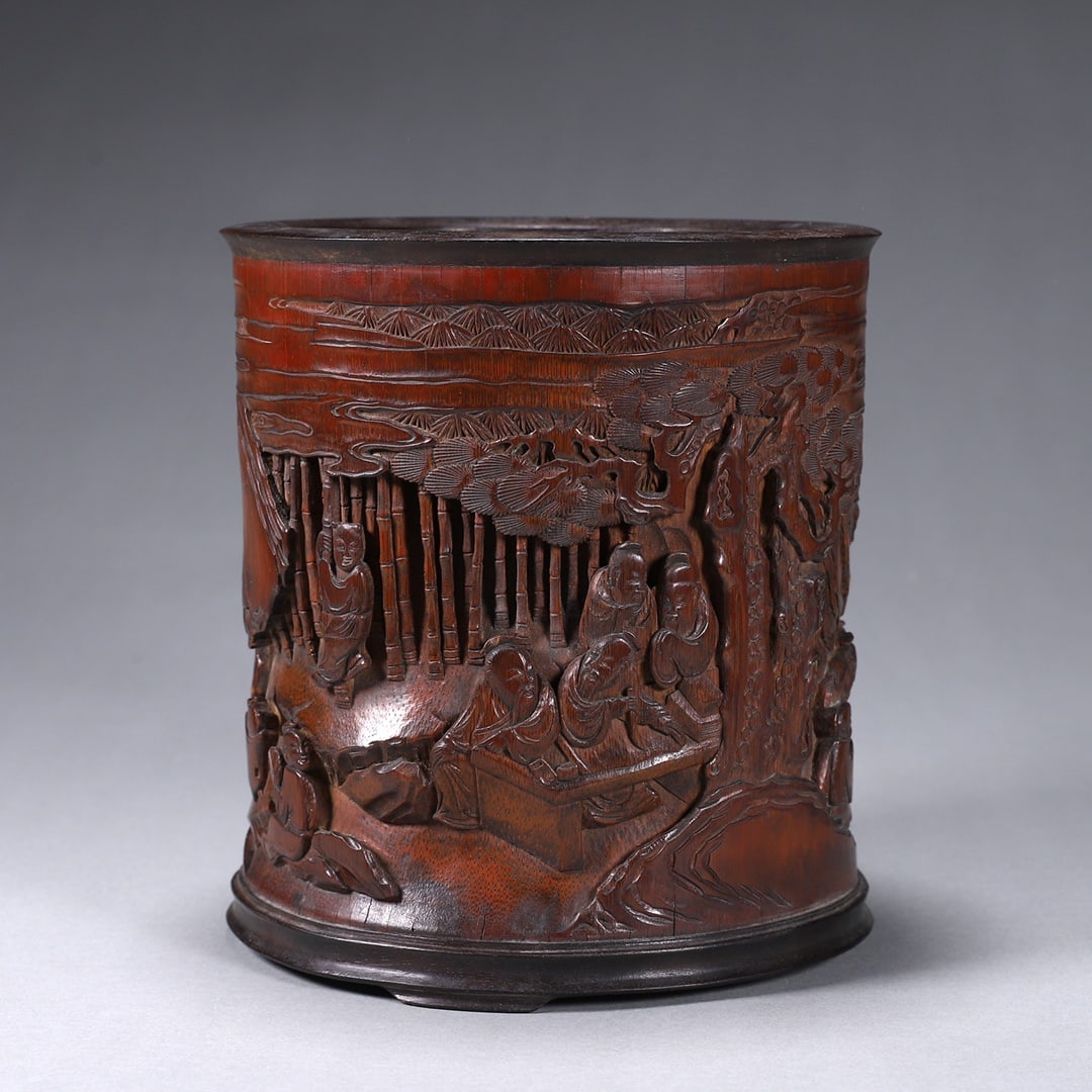 A Exquisite Bamboo Carving Figures Pattern Brush Pot: A Exquisite Bamboo Carving Figures Pattern Brush Pot,Qing Dynasty, China,With Mark,Size:6.1inx5.5in 
