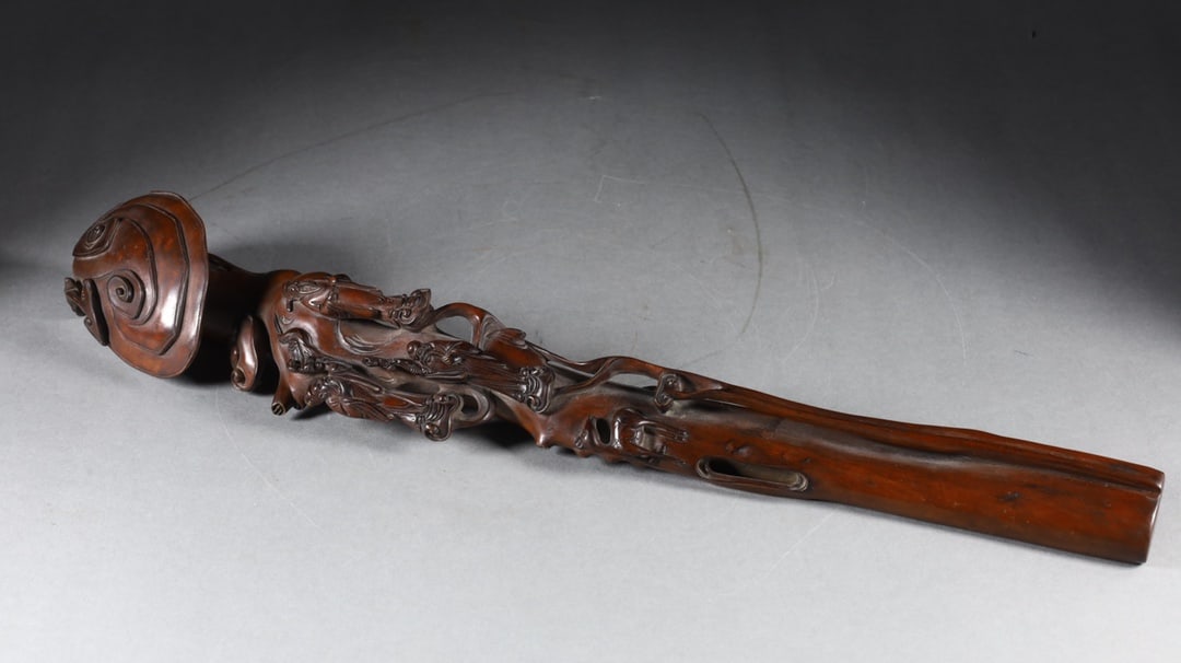 A Exquisite Sandalwood Ruyi Scepter Ornament: A Exquisite Sandalwood Ruyi Scepter Ornament,Qing Dynasty, China,Size:14.6inx2.4in 檀香木如意摆件,中国清代
