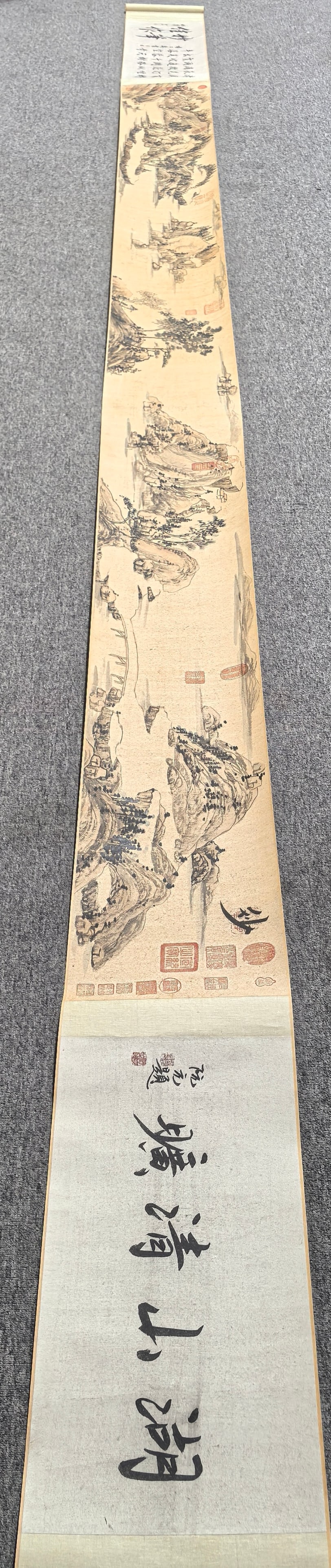 A Chinese Ink Wash Landscape Painting on Paper, Hand Scroll: A Chinese Ink Wash Landscape Painting on Paper, Hand Scroll,Ming Dynasty, China,Shen Zhou,without frame size:11.8inx196.8in 