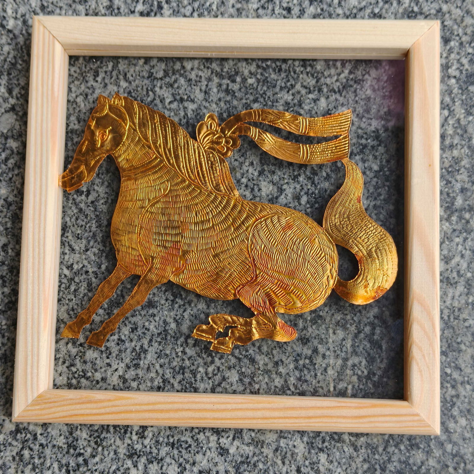 A Exquisite Bronze Gilt Horse-Shaped Gold Leaf: A Exquisite Bronze Gilt Horse-Shaped Gold Leaf,Qing Dynasty, China,Size:7.9inx7.9in 铜鎏金马形状金箔,中国清代