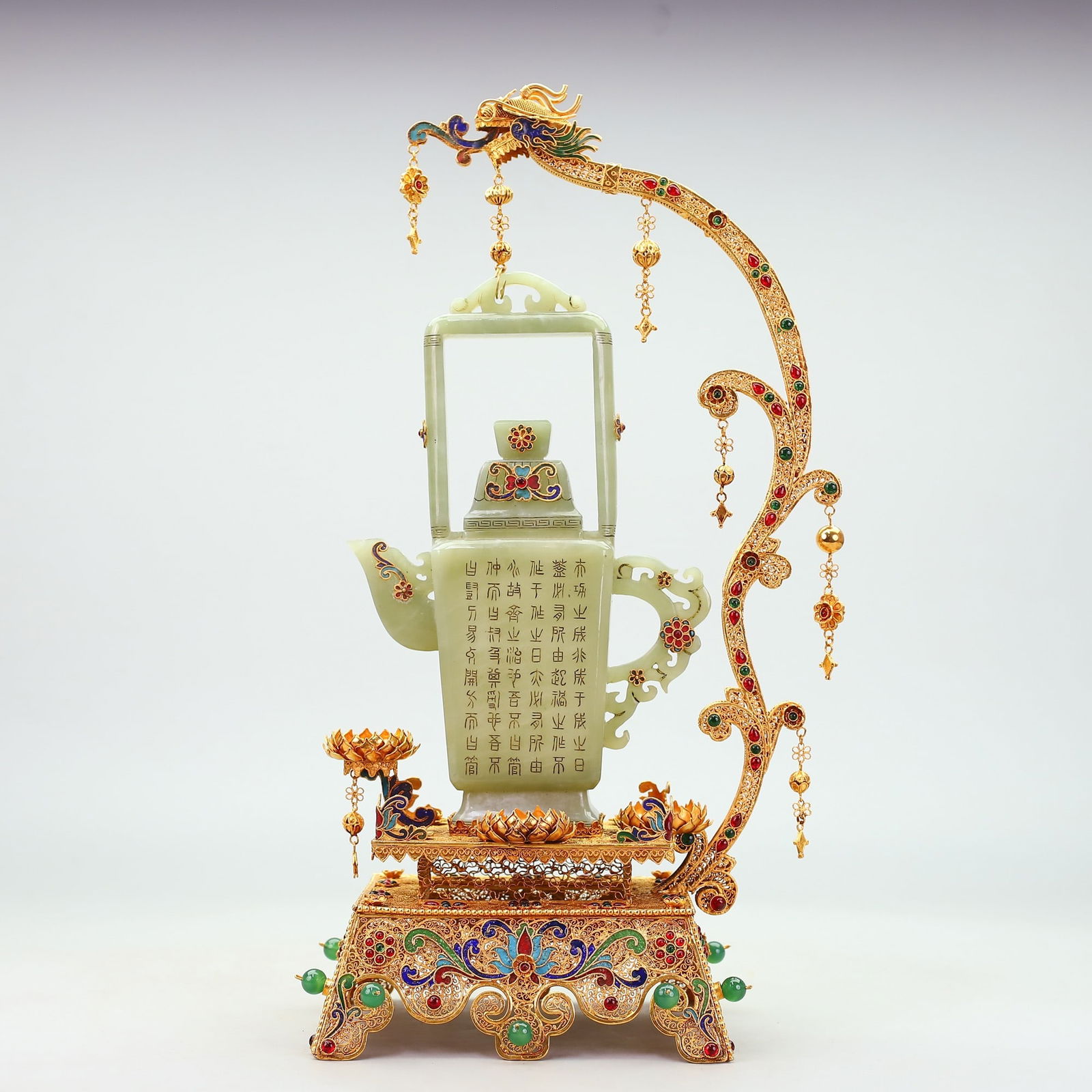 A Set of Exquisite Cloisonne Inlaid Hetian Jade Teapot: A Set of Exquisite Cloisonne Inlaid Hetian Jade Teapot,Qing Dynasty, China,Qianlong Four-character Mark,Size:16.5inx9.1in,Weight:1255g 