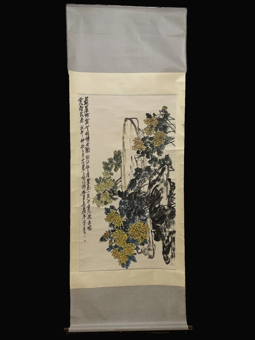 A Chinese Vertical Scroll Ink Painting of Flower on Paper: A Chinese Vertical Scroll Ink Painting of Flower on Paper,Qing Dynasty, China,Wu Changshuo,without frame size:37.4inx104.3in 