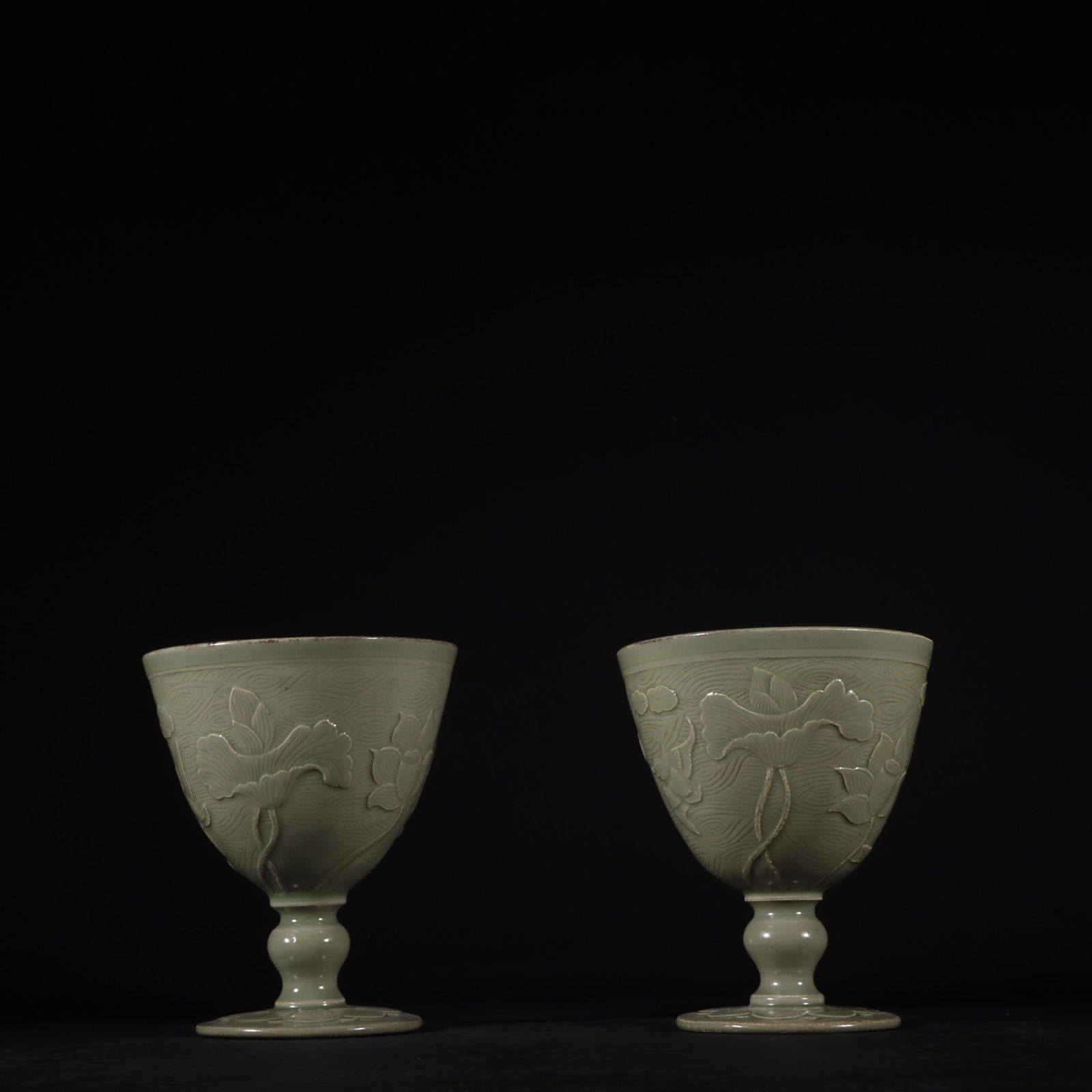 A pair of Exquisite Celadon Flower and Bird Pattern Cup: A pair of Exquisite Celadon Flower and Bird Pattern Cup,Tang Dynasty, China,Size:4.2inx3.5in 