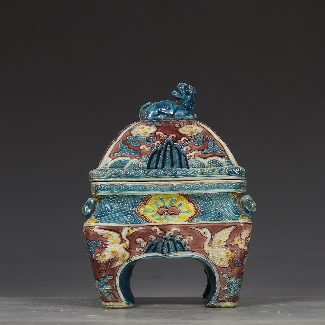 A Exquisite Fahua Glazed Crane Pattern Box: A Exquisite Fahua Glazed Crane Pattern Box,Ming Dynasty, China,Jiajing Six-character Mark,Size:7.9inx5.5inx6.1in 