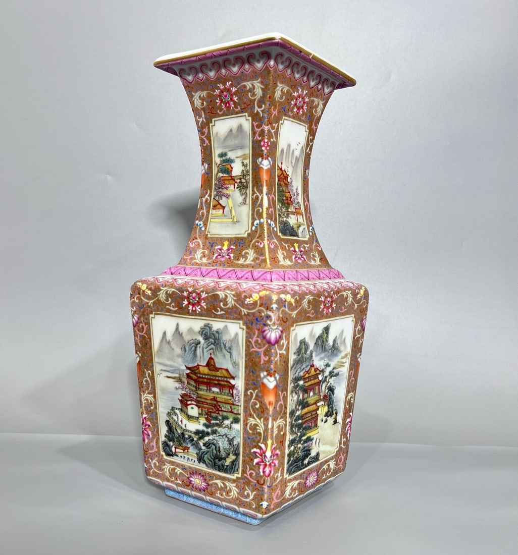 A Exquisite Famille-Rose Landscape Pattern Vase: A Exquisite Famille-Rose Landscape Pattern Vase,Qing Dynasty, China,Qianlong Six-character Mark,Size:4.8inx11.9in 