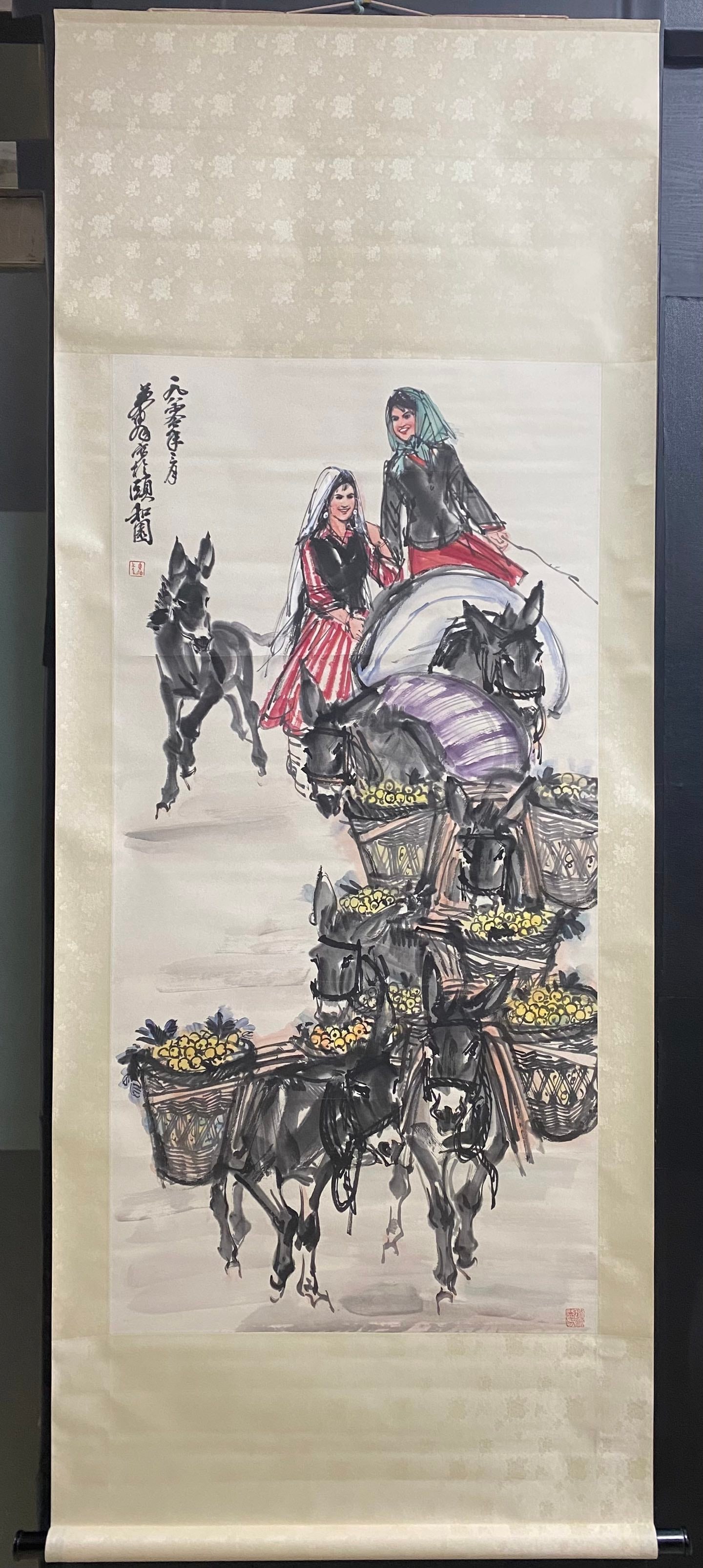 A Chinese Vertical Scroll Ink Painting of Figures on Paper: A Chinese Vertical Scroll Ink Painting of Figures on Paper,Modern Time of China,Huang Zhou,without frame size:53.5inx26.4in 