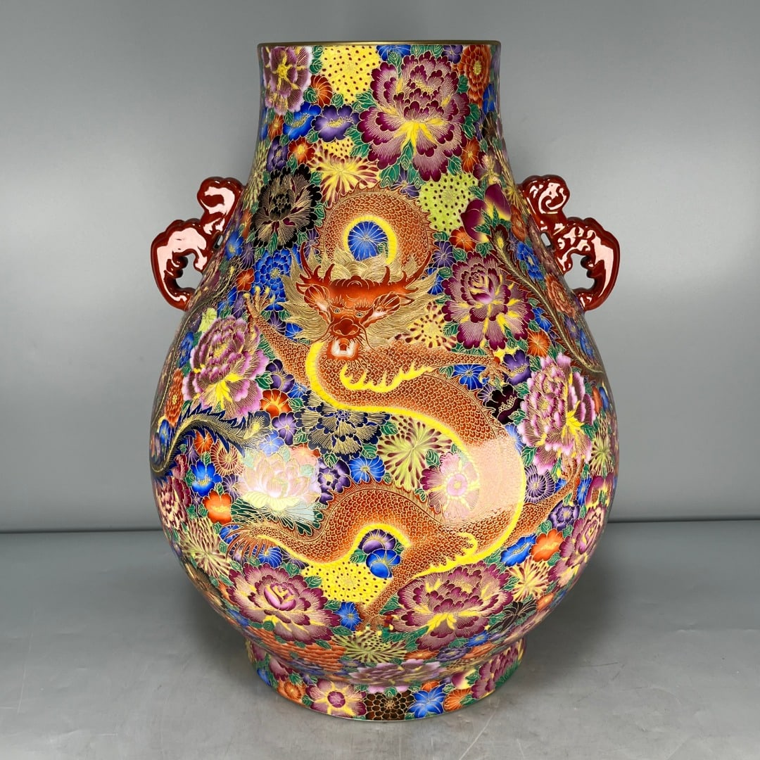 A Exquisite Enamel Cloisonne Thousand Flower and Dragon and Phoenix Pattern Double-Ears Vase: A Exquisite Enamel Cloisonne Thousand Flower and Dragon and Phoenix Pattern Double-Ears Vase,Qing Dynasty, China,Qianlong Six-character Mark,Size:19.1inx6.6inx9.4in 珐琅彩掐