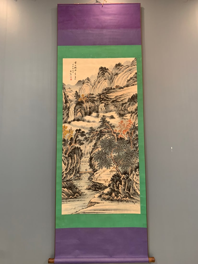 A Chinese Vertical Scroll Ink Painting of Landscape on Paper: A Chinese Vertical Scroll Ink Painting of Landscape on Paper,Modern Time of China,Yuan Songnian,without frame size:29.5inx84.6in 