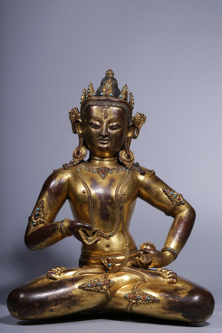A Solemn Gilt Bronze Inlaid Gems Statue of Vajra: A Solemn Gilt Bronze Inlaid Gems Statue of Vajra,Qing Dynasty, China,Size:10.4inx6.3inx13.2in,Weight:7100g 