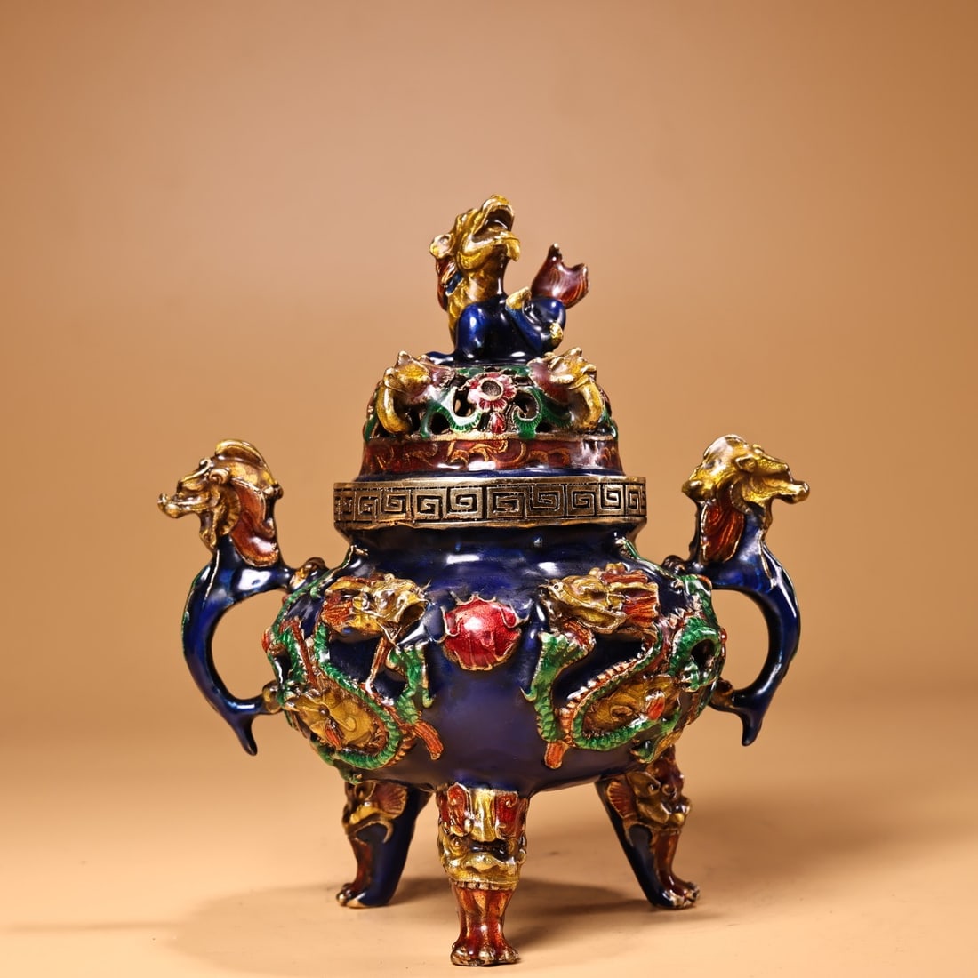 A Exquisite Cloisonne Copper Tire Enamel Painted Double Dragon Playing Pearl Lion Censer (1 of 9)