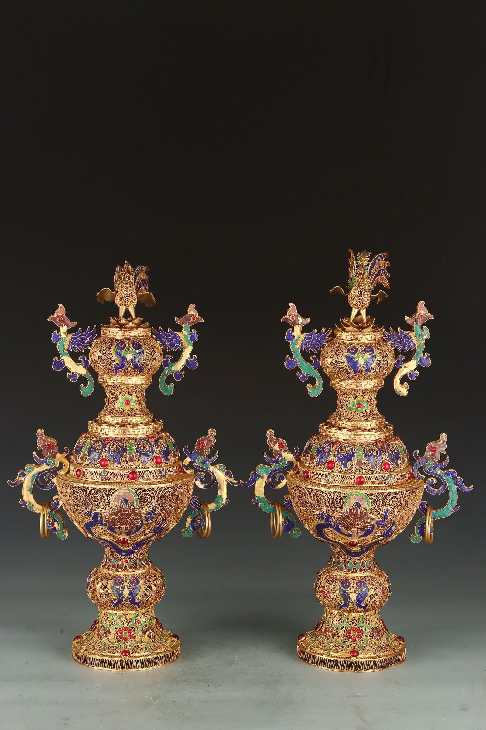 A pair of Exquisite Filigree Gilt Inlaid Gems Double Layer Phoenix Censer (1 of 9)