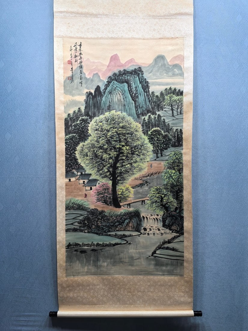 A Chinese Ink Wash Landscape Painting on Paper, Vertical Scroll: A Chinese Ink Wash Landscape Painting on Paper, Vertical Scroll,Modern Time of China,Wu Changshuo,without frame size:27.2inx54.5in 