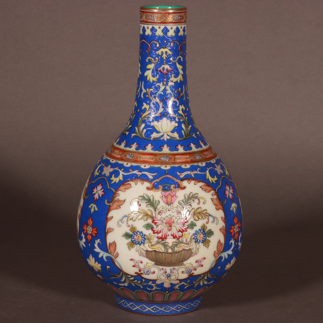 A Exquisite Blue Ground Painted Gold Flower Pattern Vase: A Exquisite Blue Ground Painted Gold Flower Pattern Vase,Qing Dynasty, China,Qianlong Six-character Mark,Size:9.1inx1.4inx5.1inx2.8in 