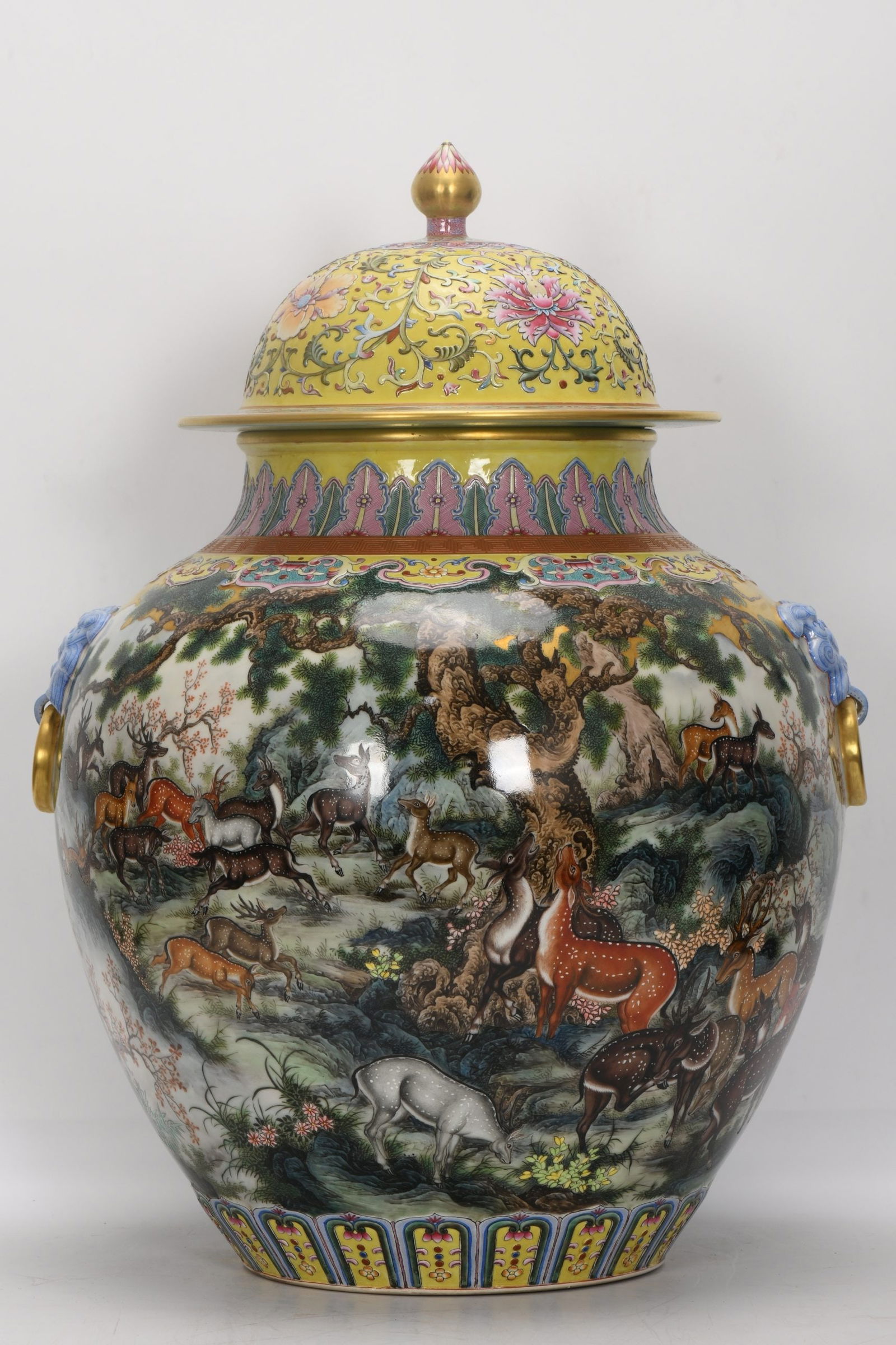 A Exquisite Famille-Rose Yellow-Ground Deer-Pattern Double-Ears Jar: A Exquisite Famille-Rose Yellow-Ground Deer-Pattern Double-Ears Jar,Qing Dynasty, China,Qianlong Four-character Mark,Size:24.4inx9.1inx17.9inx9.4in 