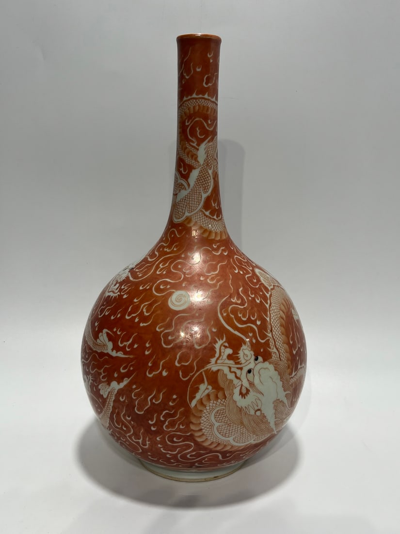 A Exquisite Iron-Red Dragon Pattern Vase: A Exquisite Iron-Red Dragon Pattern Vase,Qing Dynasty, China,Yongzheng Six-character Mark,Size:14.6in 矾红龙纹瓶,中国清代,雍正六