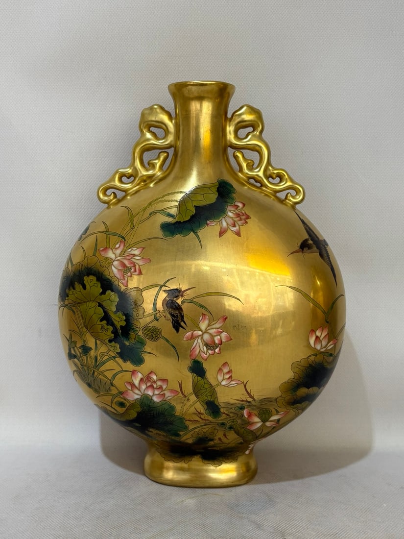 A Exquisite Gold Ground Famille-Rose Lotus Pattern Vase (1 of 5)