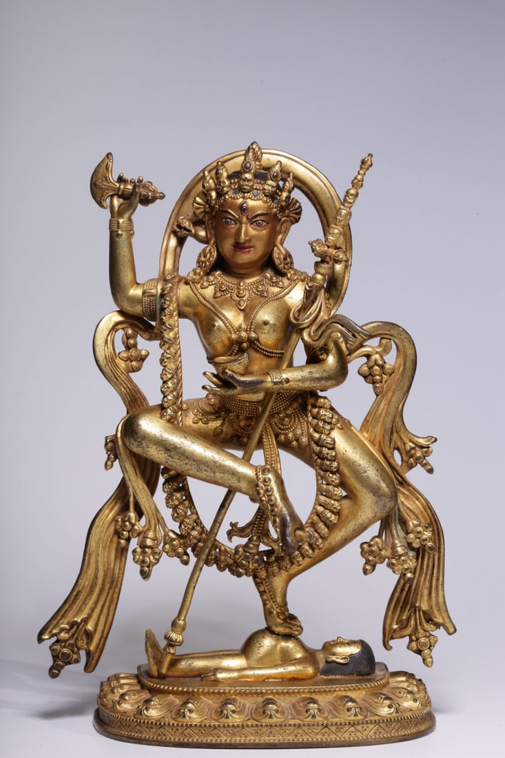 A Solemn Gilt Bronze Statue of Dakini: A Solemn Gilt Bronze Statue of Dakini,Qing Dynasty, China,Size:5.7inx2.6inx7.9in,Weight:945g 铜鎏金空行母造像,中国清代