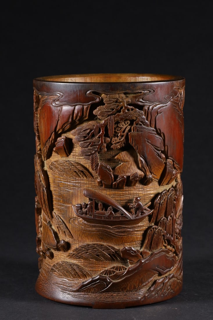 A Exquisite Bamboo Carving Landscape and Figures Pattern Brush Pot (1 of 9)
