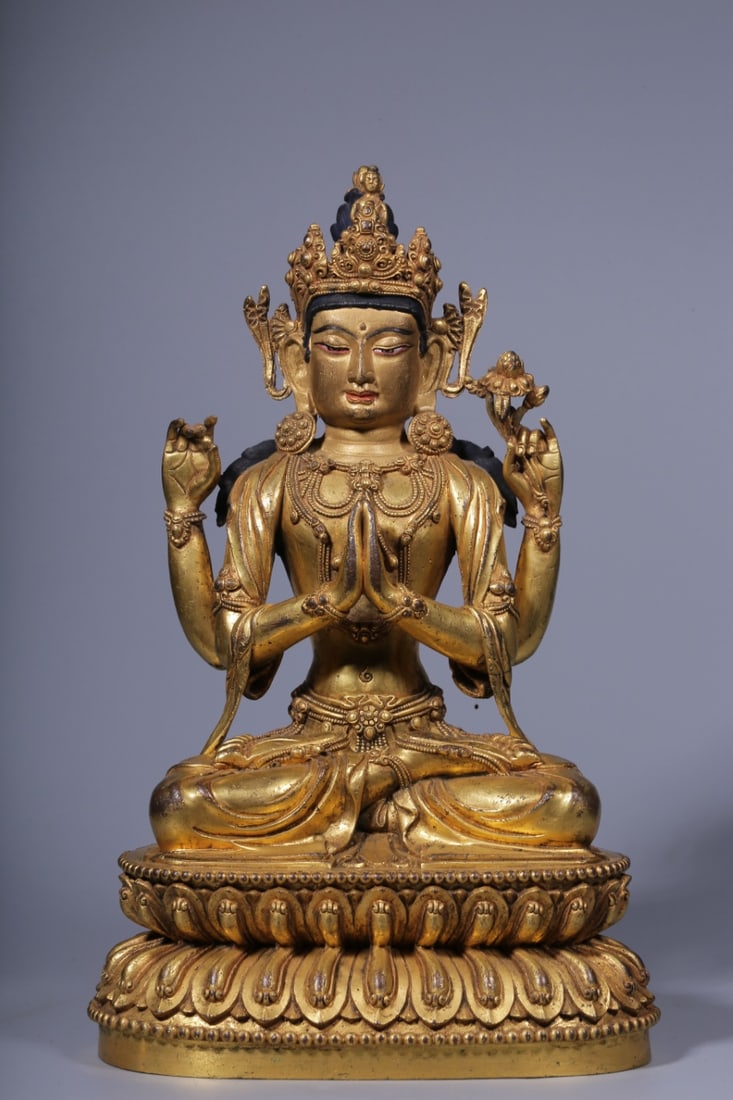 A Solemn Gilt Bronze Four-arms Statue of Avalokitesvara (1 of 8)