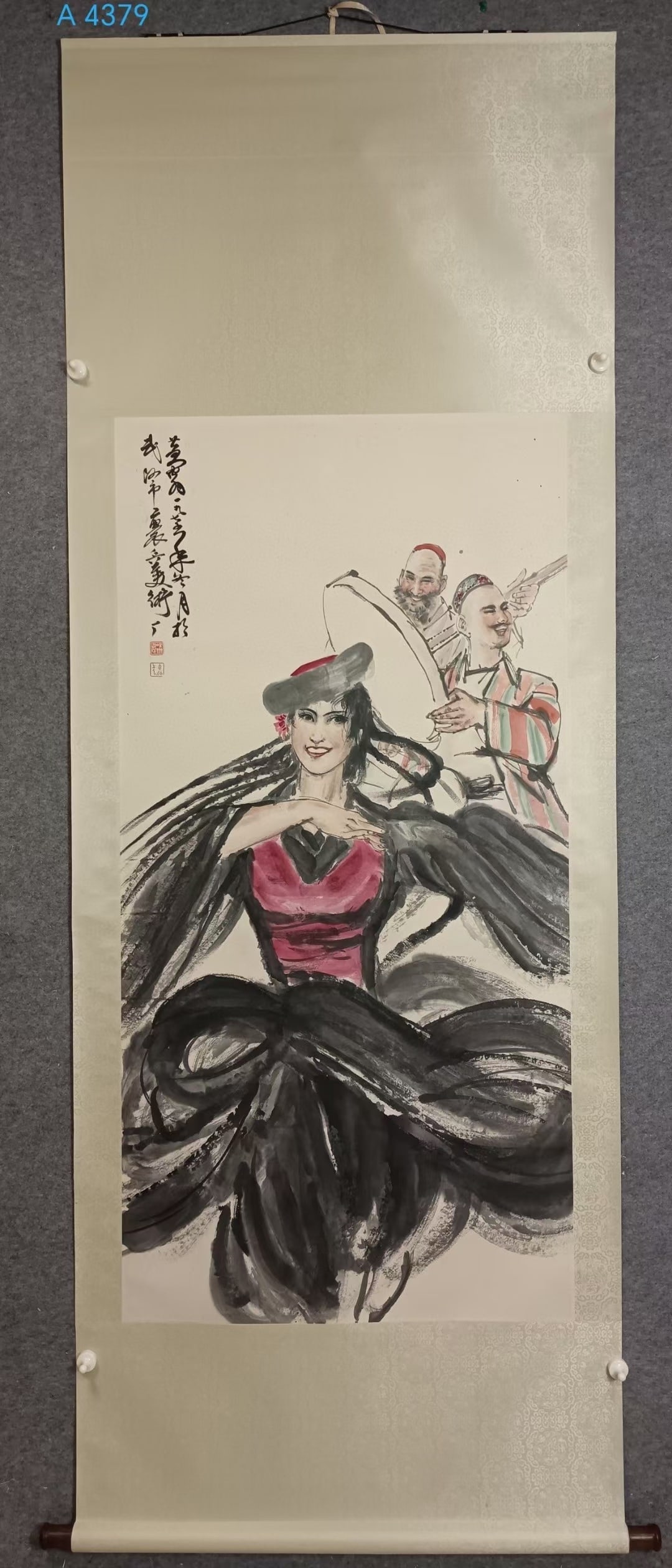 A Chinese Vertical Scroll Ink Painting of Figures on Paper: A Chinese Vertical Scroll Ink Painting of Figures on Paper,Modern Time of China,Huang Zhou,without frame size:26.4inx54.3in 