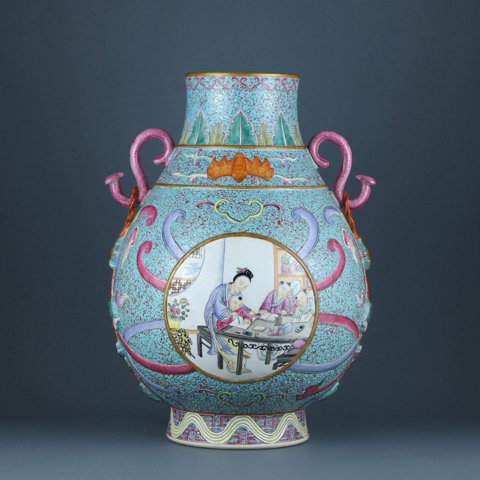 A Exquisite Famille-Rose Figures Pattern Ruyi-Ears Vase: A Exquisite Famille-Rose Figures Pattern Ruyi-Ears Vase,Qing Dynasty, China,Qianlong Six-character Mark,Size:15.2inx11.3in 粉彩人物纹如意耳瓶,