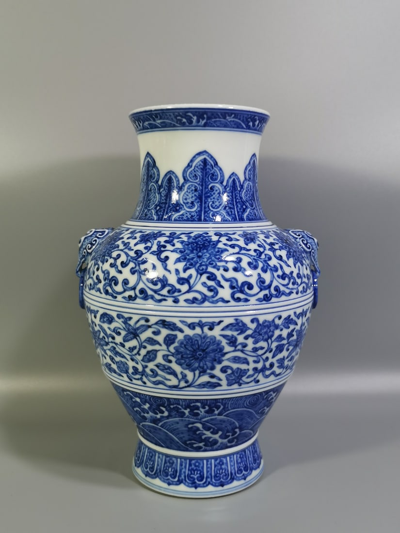 A Exquisite Blue and White Lotus Pattern Double-Ears Vase: A Exquisite Blue and White Lotus Pattern Double-Ears Vase,Qing Dynasty,China,Xianfeng Six-character Mark,Size:10.2inx3.8inx6.7in 