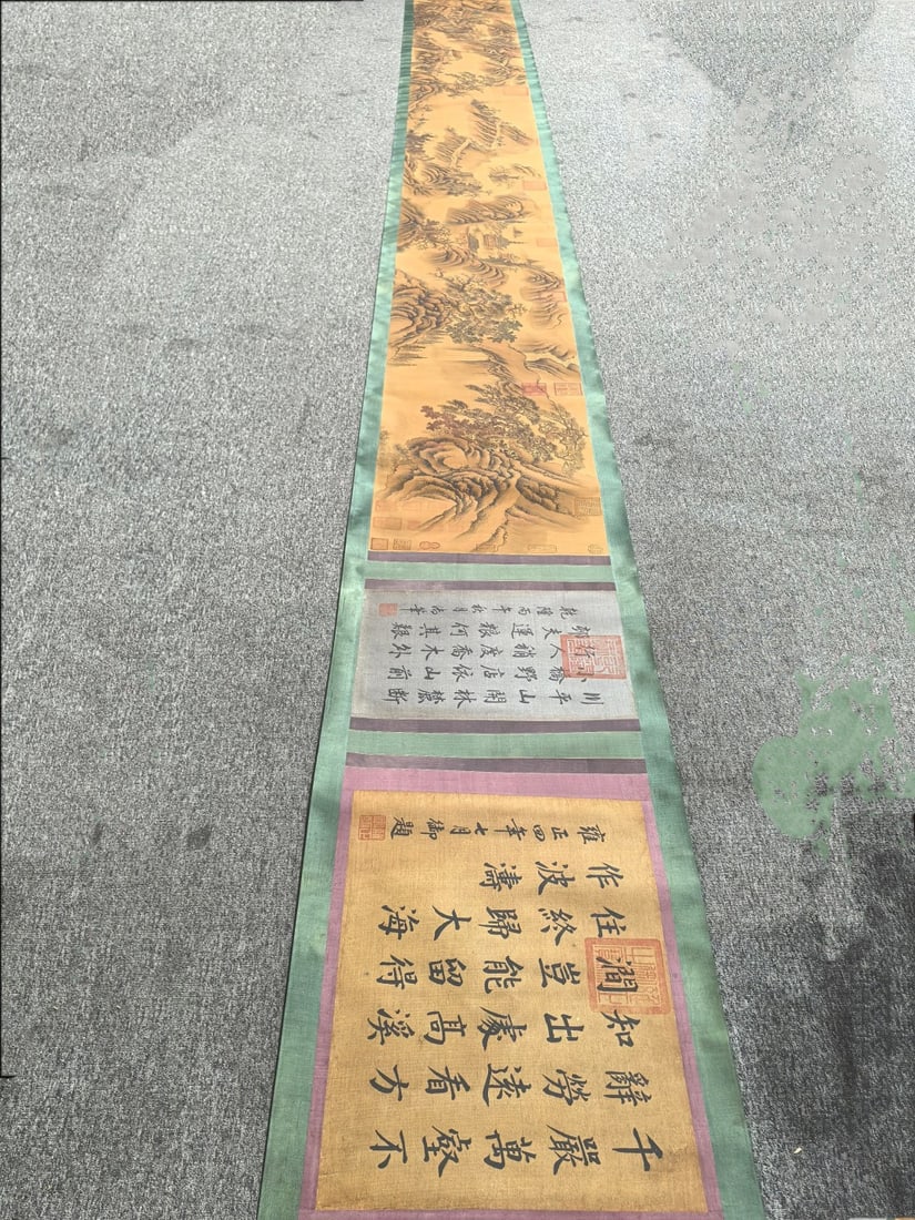 A Chinese Ink Wash Landscape Painting on Silk, Hand Scroll: A Chinese Ink Wash Landscape Painting on Silk, Hand Scroll,Song Dynasty, China,Zhang Zeduan,without frame size:22.6inx551.2in 