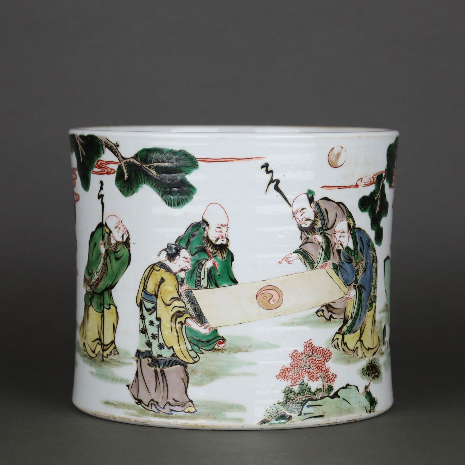 A Exquisite Wucai Figures Pattern Brush Pot: A Exquisite Wucai Figures Pattern Brush Pot,Qing Dynasty, China,Size:6.3inx7.5in 五彩人物纹笔筒,中国清代
