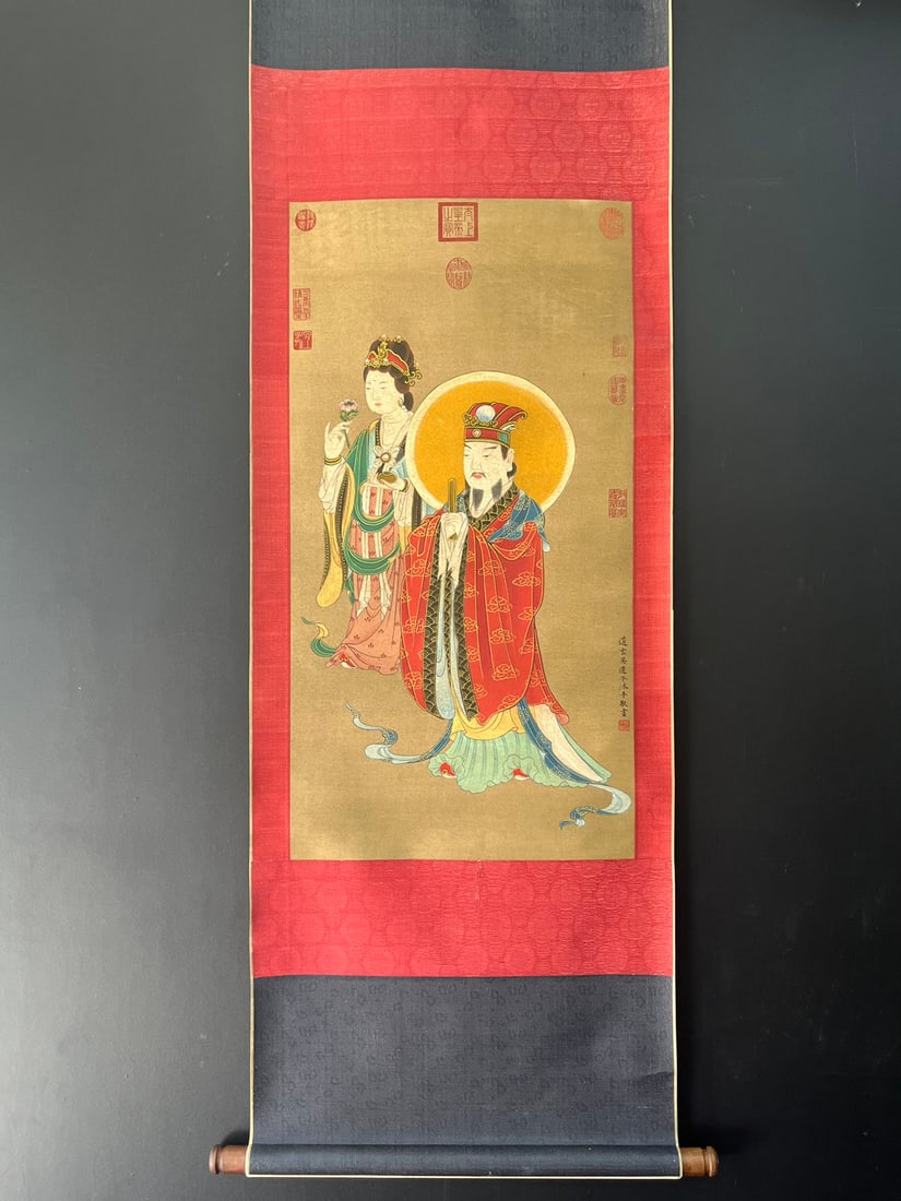A Chinese Vertical Scroll Ink Painting of Figures on Silk (1 of 9)