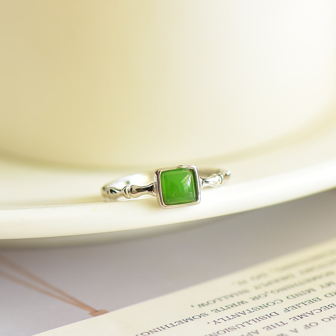 A Exquisite Silver Inlaid Jasper Square-shaped Ring - 5
