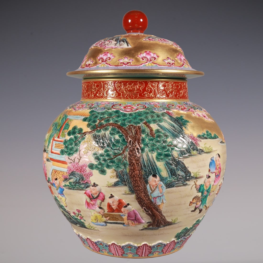 An Exquisite Enamel Lotus Pattern Character and Story Pattern Tea Caddy (1 of 9)