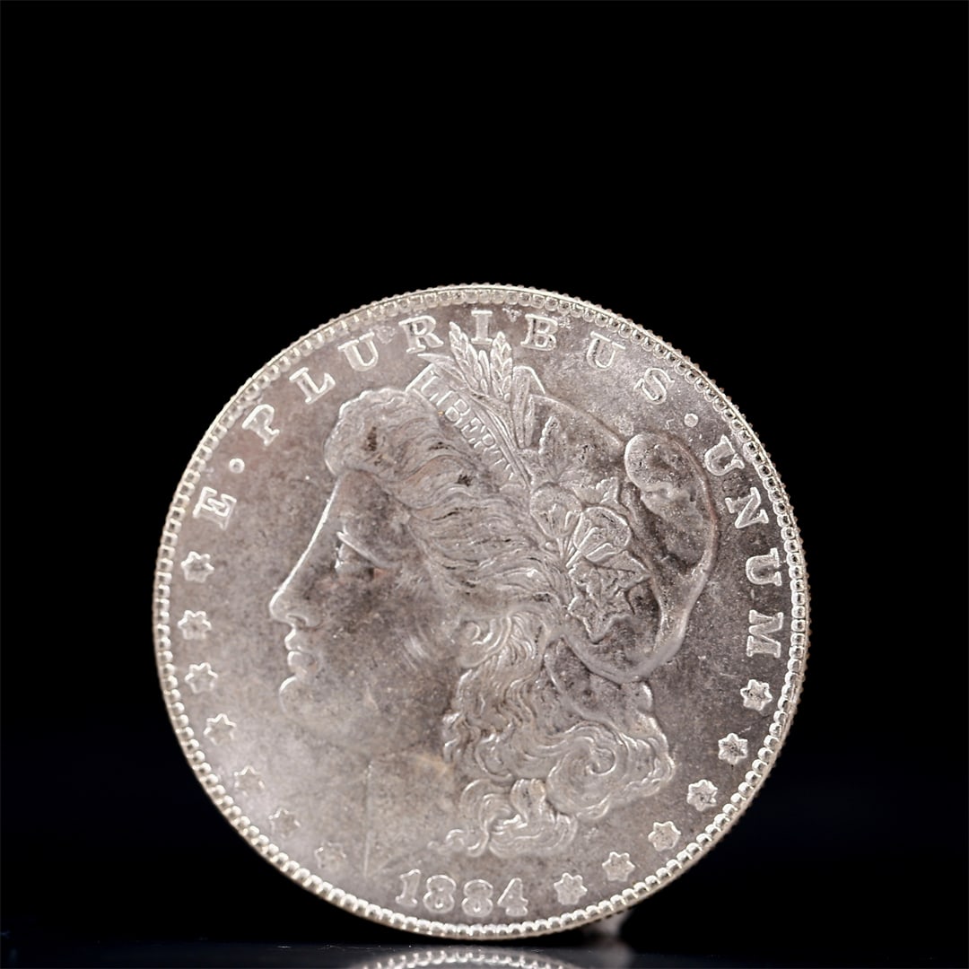 USA Morgan Dollar 1884 Coin: Obv: profile bust with date below and E PLURIBUS UNUM legend and stars around. Rev: eagle with In God we trust above within wreath with UNITED STATES OF AMERICA ONE DOLLAR legend. IN GOD WE TRUST / LI