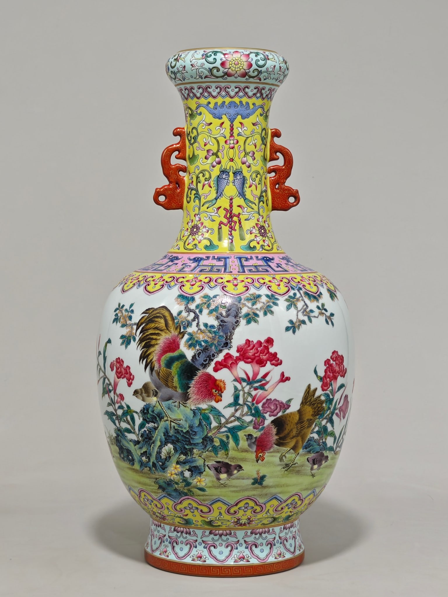 An Exquisite Famille-Rose Lotus Pattern Flower and Bird Pattern with poem Double-Ears Vase (1 of 7)