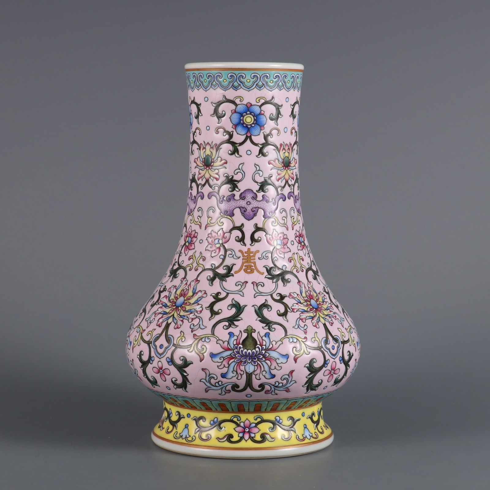 An Exquisite Famille-Rose Green Ground Lotus Pattern Bats and Peach Pattern Vase (1 of 9)
