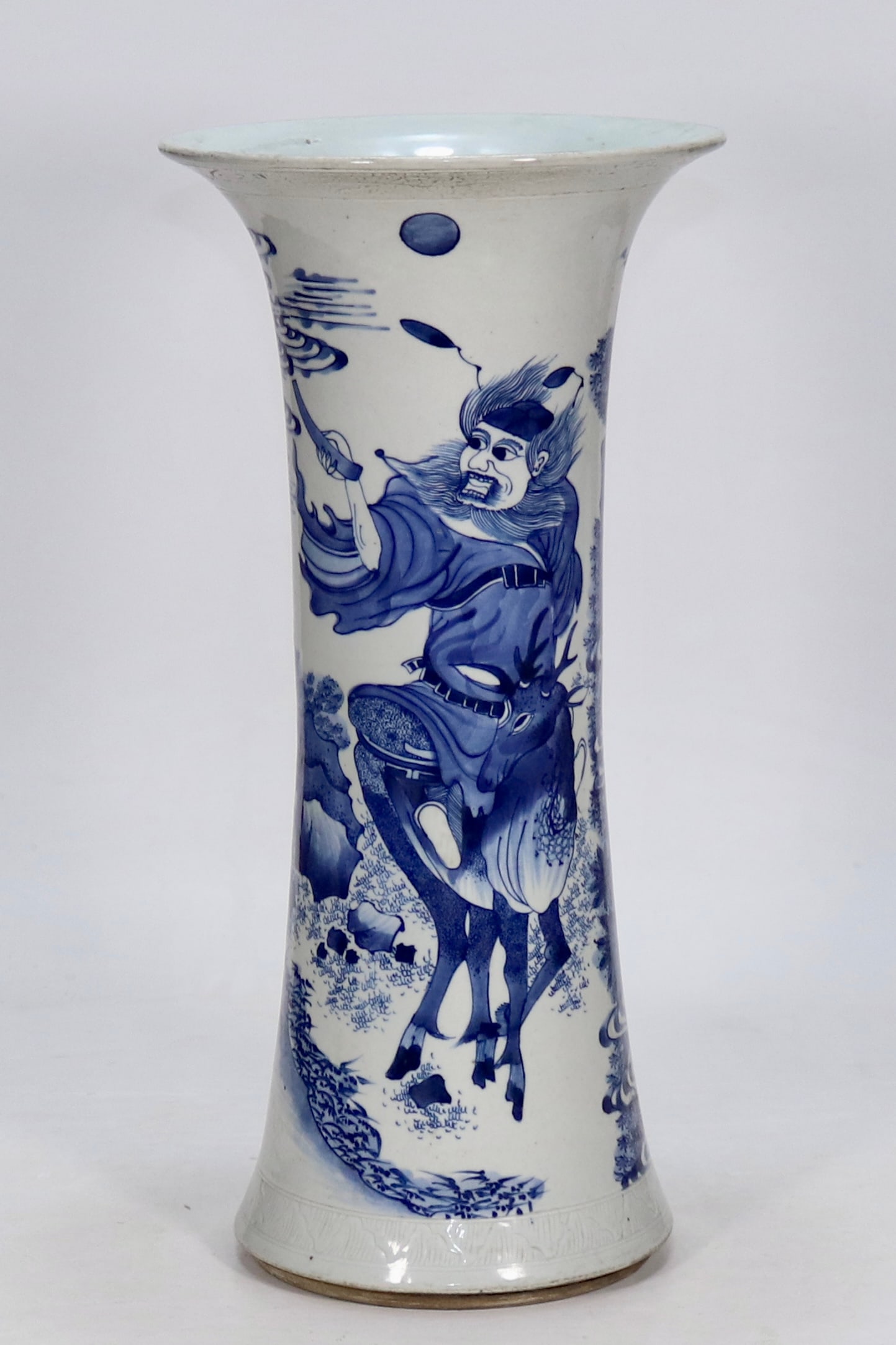 An Exquisite Blue and White Character and Story Pattern Vase: An Exquisite Blue and White Character and Story Pattern Vase Ming Dynasty, China Size:16.3inx8.1in青花“钟馗迎福”图花觚 中国