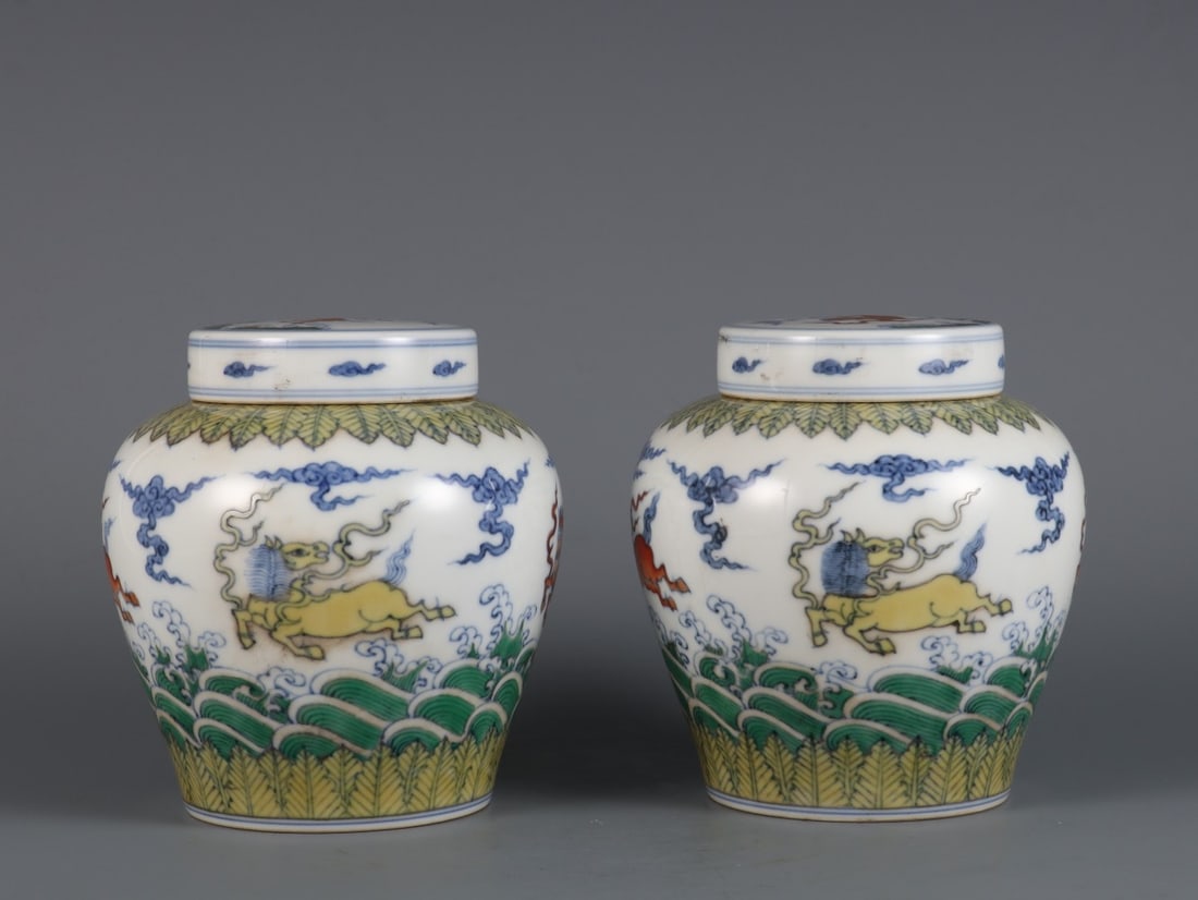 A Pair of Exquisite Doucai Seawater Pattern Auspicious Beast Pattern Jar (1 of 9)