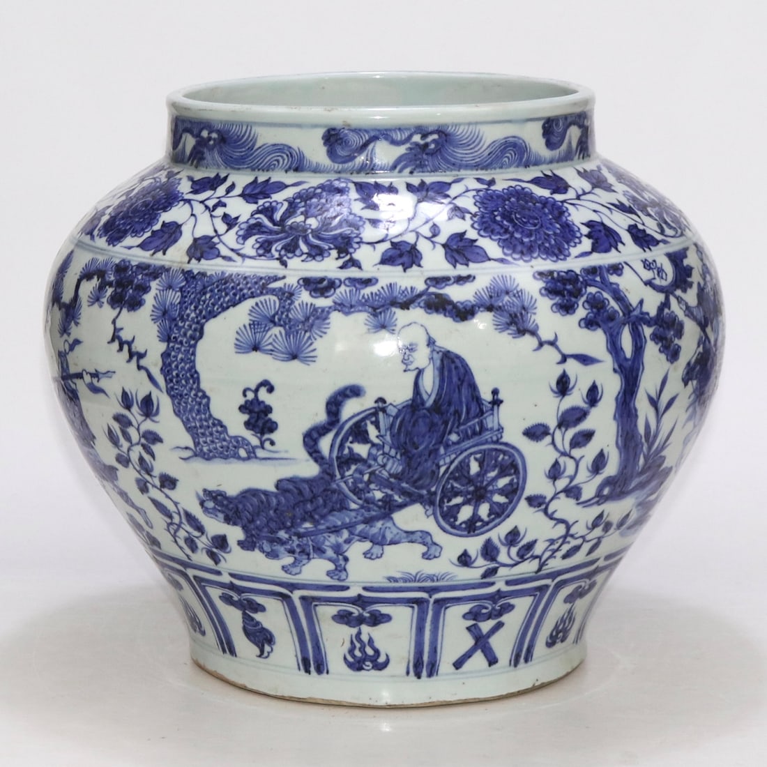 An Exquisite Blue and White Lotus Pattern Character and Story Pattern Jar: An Exquisite Blue and White Lotus Pattern Character and Story Pattern Jar Yuan Dynasty, China Size:11.5inx8.5in青花鬼谷子下山图纹罐